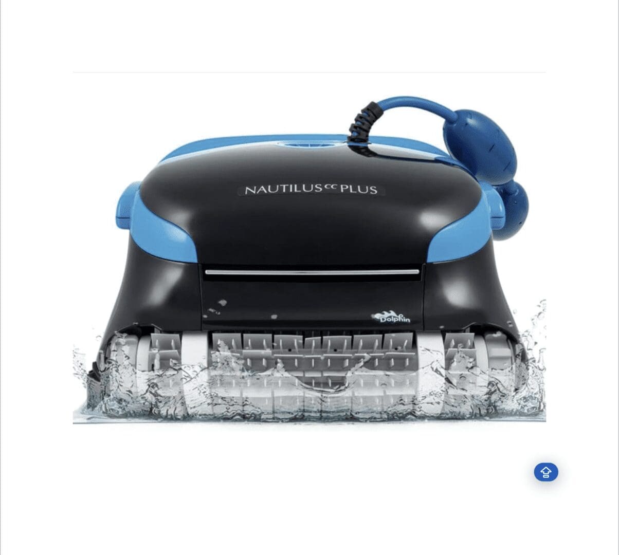 A Dolphin Nautilus CC Plus Robotic Pool Cleaner with the label "Dolphin Nautilus CC Plus" on the top, surrounded by splashing water, illustrating its cleaning function.